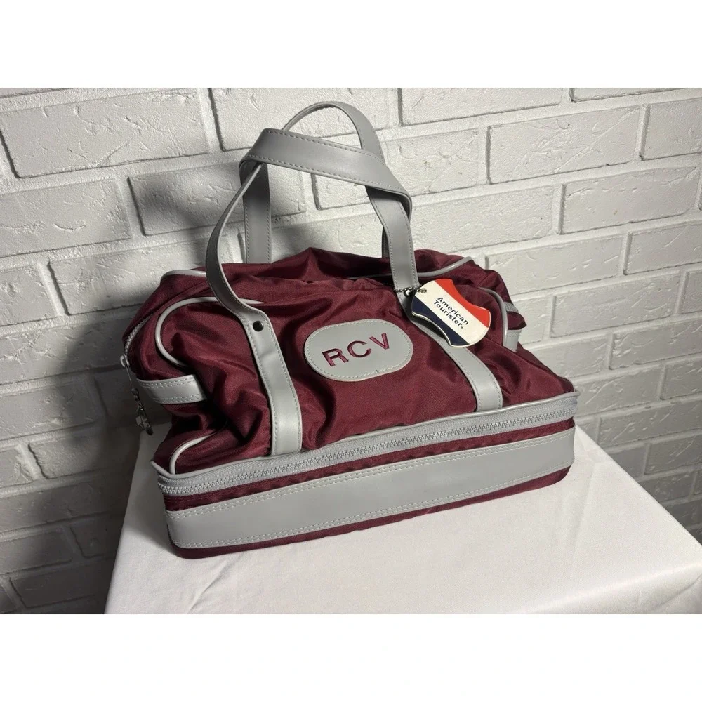 American Tourister Burgundy Gray Travel Duffel Bag RCV Monogram 16x13x9